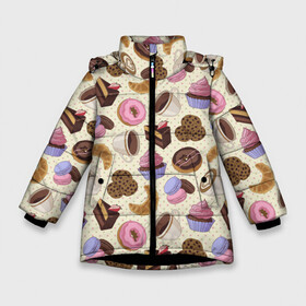 Зимняя куртка для девочек 3D с принтом Радости и сладости 2 в Новосибирске, ткань верха — 100% полиэстер; подклад — 100% полиэстер, утеплитель — 100% полиэстер. | длина ниже бедра, удлиненная спинка, воротник стойка и отстегивающийся капюшон. Есть боковые карманы с листочкой на кнопках, утяжки по низу изделия и внутренний карман на молнии. 

Предусмотрены светоотражающий принт на спинке, радужный светоотражающий элемент на пуллере молнии и на резинке для утяжки. | глазурь | завтрак | кекс | кофе | крем | круасан | макарон | настроение | паттерн | печенье | пончик | радости | сладости | торт