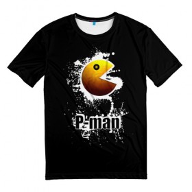 Мужская футболка 3D с принтом P-man в Новосибирске, 100% полиэфир | прямой крой, круглый вырез горловины, длина до линии бедер | брызги | видеоигра | глаз | голова | желтый | игра | игровой автомат | капли | надпись | пакман | пожиратель | приставка | рот | старая
