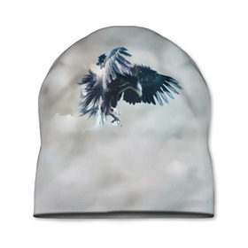 Шапка 3D с принтом Орлиная атака в Новосибирске, 100% полиэстер | универсальный размер, печать по всей поверхности изделия | клюв | коршун | крылья | небо | облака | опасность | орел | охота | полет. перья | птица | хищник