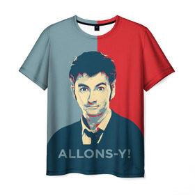 Мужская футболка 3D с принтом ALLONS-Y! в Новосибирске, 100% полиэфир | прямой крой, круглый вырез горловины, длина до линии бедер | Тематика изображения на принте: арт | десятый доктор | доктор кто | надпись | сериал | тардис | фильмы