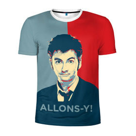 Мужская футболка 3D спортивная с принтом ALLONS-Y! в Новосибирске, 100% полиэстер с улучшенными характеристиками | приталенный силуэт, круглая горловина, широкие плечи, сужается к линии бедра | арт | десятый доктор | доктор кто | надпись | сериал | тардис | фильмы