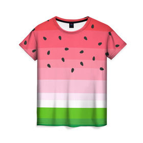 Женская футболка 3D с принтом Арбузик в Новосибирске, 100% полиэфир ( синтетическое хлопкоподобное полотно) | прямой крой, круглый вырез горловины, длина до линии бедер | pattern | trend | арбуз | зеленый | косточки | красный | мода | патерн | паттерн | розовый | текстура | тренд | фрукт | ягода