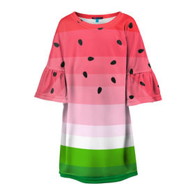 Детское платье 3D с принтом Арбузик в Новосибирске, 100% полиэстер | прямой силуэт, чуть расширенный к низу. Круглая горловина, на рукавах — воланы | Тематика изображения на принте: pattern | trend | арбуз | зеленый | косточки | красный | мода | патерн | паттерн | розовый | текстура | тренд | фрукт | ягода