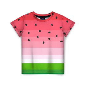 Детская футболка 3D с принтом Арбузик в Новосибирске, 100% гипоаллергенный полиэфир | прямой крой, круглый вырез горловины, длина до линии бедер, чуть спущенное плечо, ткань немного тянется | pattern | trend | арбуз | зеленый | косточки | красный | мода | патерн | паттерн | розовый | текстура | тренд | фрукт | ягода