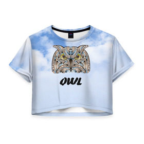 Женская футболка 3D укороченная с принтом Owl в Новосибирске, 100% полиэстер | круглая горловина, длина футболки до линии талии, рукава с отворотами | owl | животные | полуночник | природа | сова | сыч | филин | этника