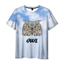 Мужская футболка 3D с принтом Owl в Новосибирске, 100% полиэфир | прямой крой, круглый вырез горловины, длина до линии бедер | owl | животные | полуночник | природа | сова | сыч | филин | этника