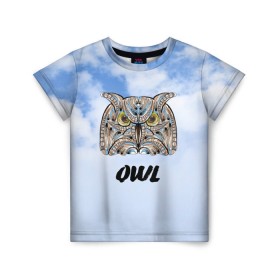 Детская футболка 3D с принтом Owl в Новосибирске, 100% гипоаллергенный полиэфир | прямой крой, круглый вырез горловины, длина до линии бедер, чуть спущенное плечо, ткань немного тянется | owl | животные | полуночник | природа | сова | сыч | филин | этника