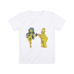 Детская футболка хлопок с принтом Симпсоны в Новосибирске, 100% хлопок | круглый вырез горловины, полуприлегающий силуэт, длина до линии бедер | Тематика изображения на принте: bart | homer | love | simpsons | адам | барт | гомер | ева | любовь | мульт | мультфильм | пончик | симпсоны