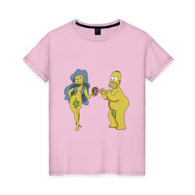 Женская футболка хлопок с принтом Симпсоны в Новосибирске, 100% хлопок | прямой крой, круглый вырез горловины, длина до линии бедер, слегка спущенное плечо | bart | homer | love | simpsons | адам | барт | гомер | ева | любовь | мульт | мультфильм | пончик | симпсоны