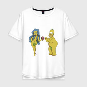 Мужская футболка хлопок Oversize с принтом Симпсоны в Новосибирске, 100% хлопок | свободный крой, круглый ворот, “спинка” длиннее передней части | bart | homer | love | simpsons | адам | барт | гомер | ева | любовь | мульт | мультфильм | пончик | симпсоны