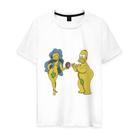 Мужская футболка хлопок с принтом Симпсоны в Новосибирске, 100% хлопок | прямой крой, круглый вырез горловины, длина до линии бедер, слегка спущенное плечо. | bart | homer | love | simpsons | адам | барт | гомер | ева | любовь | мульт | мультфильм | пончик | симпсоны