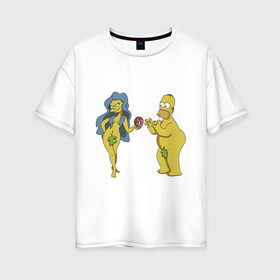 Женская футболка хлопок Oversize с принтом Симпсоны в Новосибирске, 100% хлопок | свободный крой, круглый ворот, спущенный рукав, длина до линии бедер
 | bart | homer | love | simpsons | адам | барт | гомер | ева | любовь | мульт | мультфильм | пончик | симпсоны