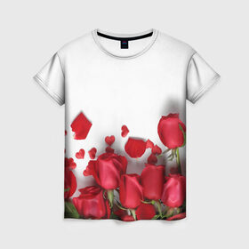 Женская футболка 3D с принтом Розы в Новосибирске, 100% полиэфир ( синтетическое хлопкоподобное полотно) | прямой крой, круглый вырез горловины, длина до линии бедер | flowers | gift | hearts | love | red | romantic | roses | valentines day | красные розы | сердечки