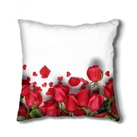Подушка 3D с принтом Розы в Новосибирске, наволочка – 100% полиэстер, наполнитель – холлофайбер (легкий наполнитель, не вызывает аллергию). | состоит из подушки и наволочки. Наволочка на молнии, легко снимается для стирки | flowers | gift | hearts | love | red | romantic | roses | valentines day | красные розы | сердечки