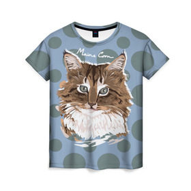 Женская футболка 3D с принтом Мейн-Кун в Новосибирске, 100% полиэфир ( синтетическое хлопкоподобное полотно) | прямой крой, круглый вырез горловины, длина до линии бедер | cat | kitten | kitty | maine coon | pet | арт | животные | коты | кошки | кружочки | мейн кун | текстура