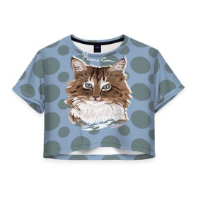 Женская футболка 3D укороченная с принтом Мейн-Кун в Новосибирске, 100% полиэстер | круглая горловина, длина футболки до линии талии, рукава с отворотами | cat | kitten | kitty | maine coon | pet | арт | животные | коты | кошки | кружочки | мейн кун | текстура