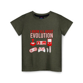 Детская футболка хлопок с принтом Я знаю всё об эволюции в Новосибирске, 100% хлопок | круглый вырез горловины, полуприлегающий силуэт, длина до линии бедер | action | dendy | evolution | game | joystick | mario | nintendo | sega | денди | джойстик | игра | игры | картридж | компьютер | марио | нинтендо | приставка | сега | тетрис | эволюция