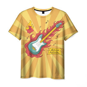 Мужская футболка 3D с принтом Rock Festival в Новосибирске, 100% полиэфир | прямой крой, круглый вырез горловины, длина до линии бедер | festival | rock | гитара | металл | музыка | ноты | огонь | рок | солнце | треш | хард