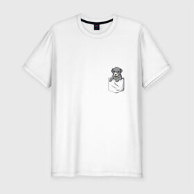 Мужская футболка премиум с принтом Карман в Новосибирске, 92% хлопок, 8% лайкра | приталенный силуэт, круглый вырез ворота, длина до линии бедра, короткий рукав | Тематика изображения на принте: дог | карман | собака | щенок