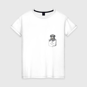 Женская футболка хлопок с принтом Карман в Новосибирске, 100% хлопок | прямой крой, круглый вырез горловины, длина до линии бедер, слегка спущенное плечо | дог | карман | собака | щенок