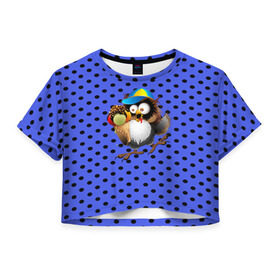 Женская футболка 3D укороченная с принтом Счастливый совенок в Новосибирске, 100% полиэстер | круглая горловина, длина футболки до линии талии, рукава с отворотами | owl | summer | животные | лето | мороженое | полуночник | природа | сова | сыч | филин