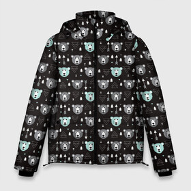 Мужская зимняя куртка 3D с принтом Медведи и геометрия в Новосибирске, верх — 100% полиэстер; подкладка — 100% полиэстер; утеплитель — 100% полиэстер | длина ниже бедра, свободный силуэт Оверсайз. Есть воротник-стойка, отстегивающийся капюшон и ветрозащитная планка. 

Боковые карманы с листочкой на кнопках и внутренний карман на молнии. | bear | forest | night | teddy | абстракция | геометрия | голова животного | для мужчин | лес | медведи | медведь | мишки | ночь | охота | стрелы | треугольник | хищник