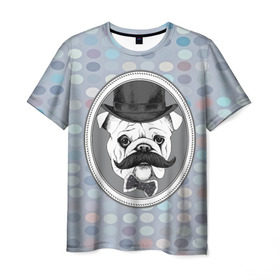 Мужская футболка 3D с принтом Mr. Pug в Новосибирске, 100% полиэфир | прямой крой, круглый вырез горловины, длина до линии бедер | animal | dog | pet | pug | puppy | swag | арт | джентльмен | животные | кружочки | мопс | мопсик | пес | собаки | текстура | усы | хипстер