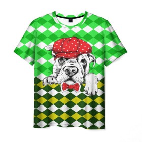 Мужская футболка 3D с принтом Пёсик в Новосибирске, 100% полиэфир | прямой крой, круглый вырез горловины, длина до линии бедер | animal | dog | pet | puppy | арт | джентльмен | животные | кубики | пес | собаки | текстура