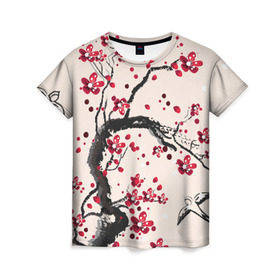 Женская футболка 3D с принтом Сакура в Новосибирске, 100% полиэфир ( синтетическое хлопкоподобное полотно) | прямой крой, круглый вырез горловины, длина до линии бедер | вишня | дерево | зима | красный | новинки | птицы | черный | япония