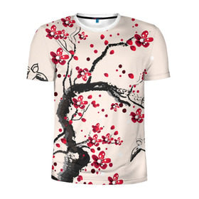 Мужская футболка 3D спортивная с принтом Сакура в Новосибирске, 100% полиэстер с улучшенными характеристиками | приталенный силуэт, круглая горловина, широкие плечи, сужается к линии бедра | Тематика изображения на принте: вишня | дерево | зима | красный | новинки | птицы | черный | япония