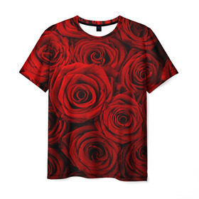 Мужская футболка 3D с принтом Красные розы в Новосибирске, 100% полиэфир | прямой крой, круглый вырез горловины, длина до линии бедер | букет | красный | розы | цветы