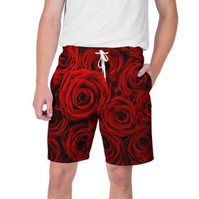 Мужские шорты 3D с принтом Красные розы в Новосибирске,  полиэстер 100% | прямой крой, два кармана без застежек по бокам. Мягкая трикотажная резинка на поясе, внутри которой широкие завязки. Длина чуть выше колен | букет | красный | розы | цветы