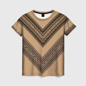 Женская футболка 3D с принтом Tribal V-shape в Новосибирске, 100% полиэфир ( синтетическое хлопкоподобное полотно) | прямой крой, круглый вырез горловины, длина до линии бедер | african | ethnic | tribal | африка | африканский | бежевый | трайбал | узор | черный | этно
