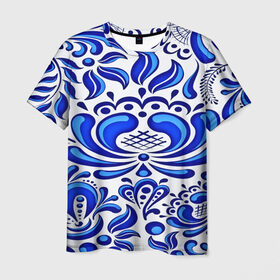 Мужская футболка 3D с принтом Роспись гжель в Новосибирске, 100% полиэфир | прямой крой, круглый вырез горловины, длина до линии бедер | народный | орнамент | роспись | традиционный