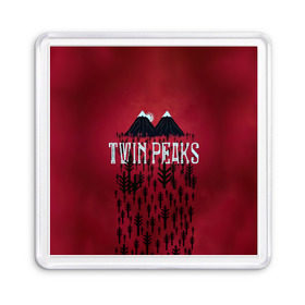 Магнит 55*55 с принтом Лес Twin Peaks в Новосибирске, Пластик | Размер: 65*65 мм; Размер печати: 55*55 мм | Тематика изображения на принте: горы | надпись | ретро | твин пикс