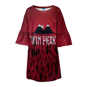 Детское платье 3D с принтом Лес Twin Peaks в Новосибирске, 100% полиэстер | прямой силуэт, чуть расширенный к низу. Круглая горловина, на рукавах — воланы | Тематика изображения на принте: горы | надпись | ретро | твин пикс
