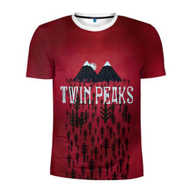 Мужская футболка 3D спортивная с принтом Лес Twin Peaks в Новосибирске, 100% полиэстер с улучшенными характеристиками | приталенный силуэт, круглая горловина, широкие плечи, сужается к линии бедра | горы | надпись | ретро | твин пикс