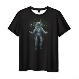 Мужская футболка 3D с принтом Космонавт с Бабочками в Новосибирске, 100% полиэфир | прямой крой, круглый вырез горловины, длина до линии бедер | астронавт | время первых | вселенная | гагарин | галактика | гравитация | звезды | интерстеллар | космический | луна | магия | млечный путь | невесомость | полет | скафандр | черная дыра
