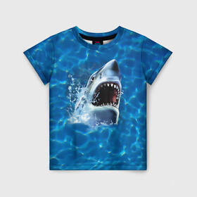 Детская футболка 3D с принтом Пасть акулы в Новосибирске, 100% гипоаллергенный полиэфир | прямой крой, круглый вырез горловины, длина до линии бедер, чуть спущенное плечо, ткань немного тянется | Тематика изображения на принте: акула | атака | белая | брызги | вода | волны | зубы | капли | море | океан | опасность | синяя | челюсти | эффект