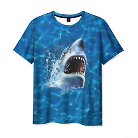 Мужская футболка 3D с принтом Пасть акулы в Новосибирске, 100% полиэфир | прямой крой, круглый вырез горловины, длина до линии бедер | акула | атака | белая | брызги | вода | волны | зубы | капли | море | океан | опасность | синяя | челюсти | эффект