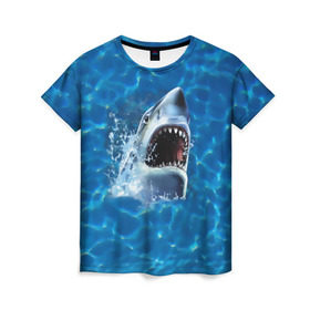 Женская футболка 3D с принтом Пасть акулы в Новосибирске, 100% полиэфир ( синтетическое хлопкоподобное полотно) | прямой крой, круглый вырез горловины, длина до линии бедер | акула | атака | белая | брызги | вода | волны | зубы | капли | море | океан | опасность | синяя | челюсти | эффект