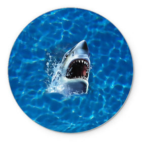 Коврик круглый с принтом Пасть акулы в Новосибирске, резина и полиэстер | круглая форма, изображение наносится на всю лицевую часть | Тематика изображения на принте: акула | атака | белая | брызги | вода | волны | зубы | капли | море | океан | опасность | синяя | челюсти | эффект