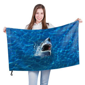 Флаг 3D с принтом Пасть акулы в Новосибирске, 100% полиэстер | плотность ткани — 95 г/м2, размер — 67 х 109 см. Принт наносится с одной стороны | Тематика изображения на принте: акула | атака | белая | брызги | вода | волны | зубы | капли | море | океан | опасность | синяя | челюсти | эффект