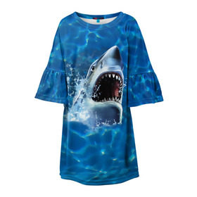 Детское платье 3D с принтом Пасть акулы в Новосибирске, 100% полиэстер | прямой силуэт, чуть расширенный к низу. Круглая горловина, на рукавах — воланы | акула | атака | белая | брызги | вода | волны | зубы | капли | море | океан | опасность | синяя | челюсти | эффект