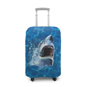 Чехол для чемодана 3D с принтом Пасть акулы в Новосибирске, 86% полиэфир, 14% спандекс | двустороннее нанесение принта, прорези для ручек и колес | акула | атака | белая | брызги | вода | волны | зубы | капли | море | океан | опасность | синяя | челюсти | эффект