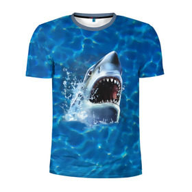 Мужская футболка 3D спортивная с принтом Пасть акулы в Новосибирске, 100% полиэстер с улучшенными характеристиками | приталенный силуэт, круглая горловина, широкие плечи, сужается к линии бедра | акула | атака | белая | брызги | вода | волны | зубы | капли | море | океан | опасность | синяя | челюсти | эффект