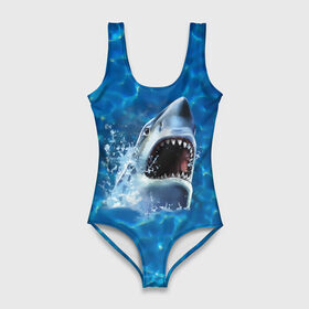 Купальник-боди 3D с принтом Пасть акулы в Новосибирске, 82% полиэстер, 18% эластан | Круглая горловина, круглый вырез на спине | акула | атака | белая | брызги | вода | волны | зубы | капли | море | океан | опасность | синяя | челюсти | эффект