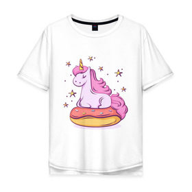 Мужская футболка хлопок Oversize с принтом Единорог в Новосибирске, 100% хлопок | свободный крой, круглый ворот, “спинка” длиннее передней части | donut | pink | star | unicorn | единорог | звезды | конь | милота | пончик | сказка
