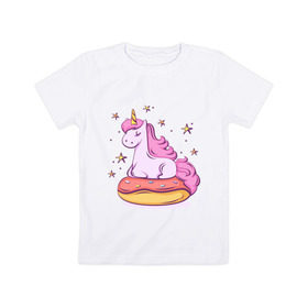 Детская футболка хлопок с принтом Единорог в Новосибирске, 100% хлопок | круглый вырез горловины, полуприлегающий силуэт, длина до линии бедер | donut | pink | star | unicorn | единорог | звезды | конь | милота | пончик | сказка