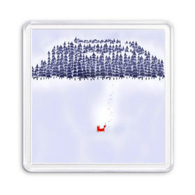 Магнит 55*55 с принтом Лисичка уходит из леса в Новосибирске, Пластик | Размер: 65*65 мм; Размер печати: 55*55 мм | Тематика изображения на принте: fox | деревья | дремучий | елка | ель | зима | лес | лис | лиса | лисенок | природа | рыжая | следы | снег | тайга | уши | хвост